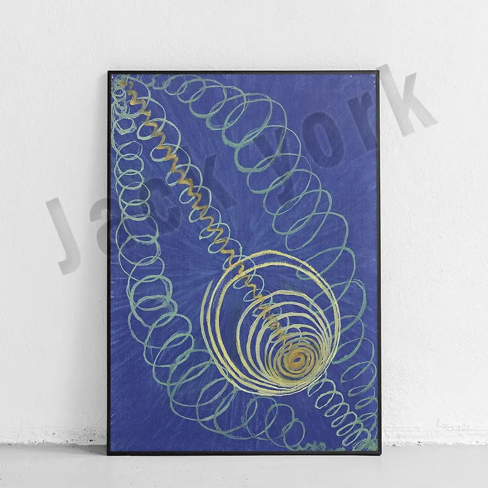 A decorbites abstract art canvas wall print featuring swirling golden and light green lines on deep blue background
