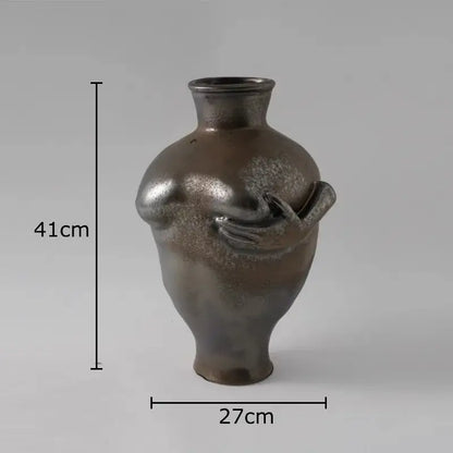 A sleek 41cm tall DecorBites abstract art ceramic vase with metallic sheen and textured surface for room decoration