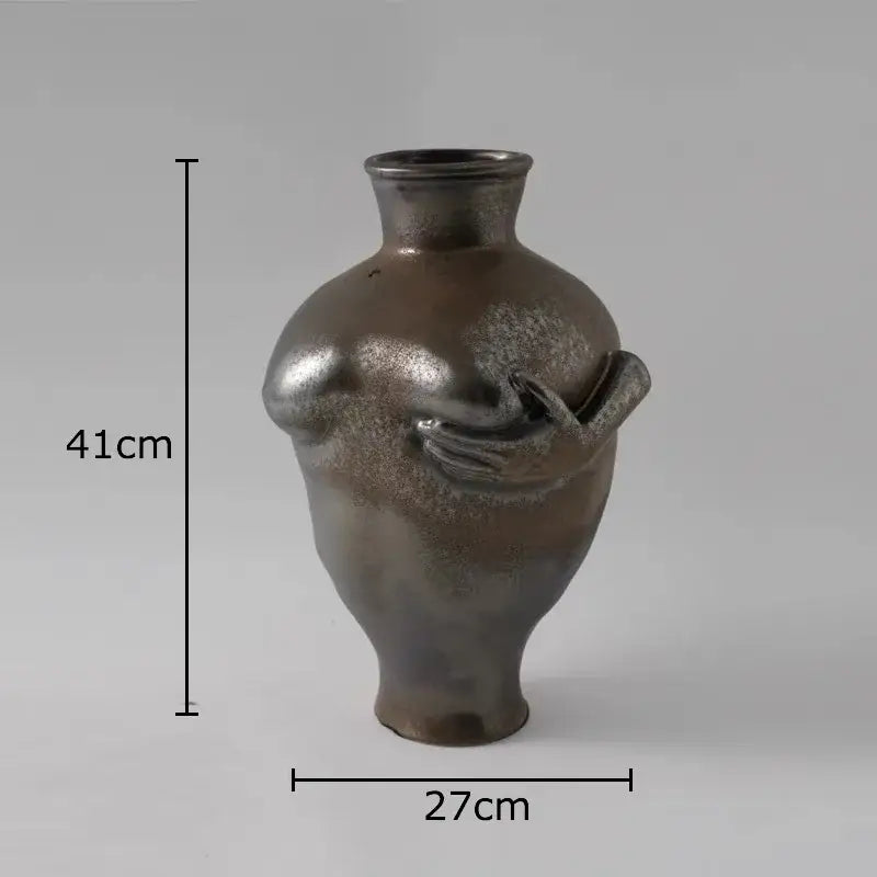 A sleek 41cm tall DecorBites abstract art ceramic vase with metallic sheen and textured surface for room decoration