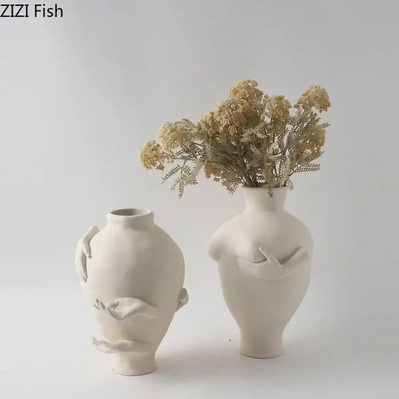 Decorbites abstract art white ceramic vases shaped like human figures with sculpted arms for desk decoration