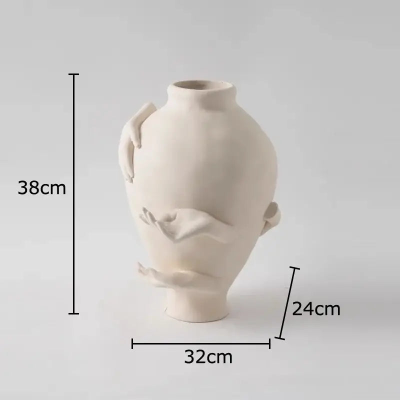 Cream-colored decorbites abstract art ceramic vase with sculpted wave-like forms for desk decoration and room aesthetic