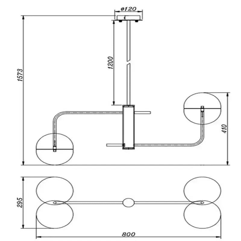 Technical schematic diagram of decorbites abstract art chandelier pendant lamp with precise dimensions for living room use