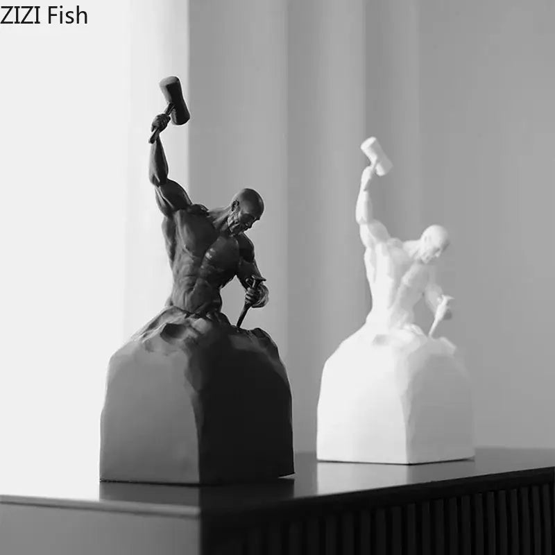 Decorbites™ abstract art character statue resin sculpture of black matte and glossy white muscular men hammering stone for desk decor