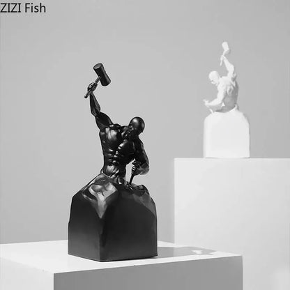 Black resin character statue of a muscular figure wielding a hammer in classical style for oneself abstract artworks