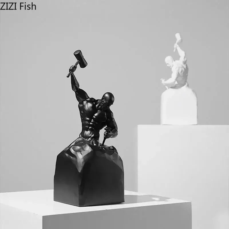 Black resin character statue of a muscular figure wielding a hammer in classical style for oneself abstract artworks