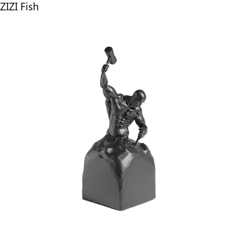 Black metallic resin character statue of a muscular man with hammer on blocky base for sculpting oneself abstract decor