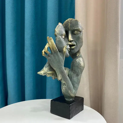 Decorbites abstract art couple mask sculpture in textured gray resin with gold accents for interior decor and gifts