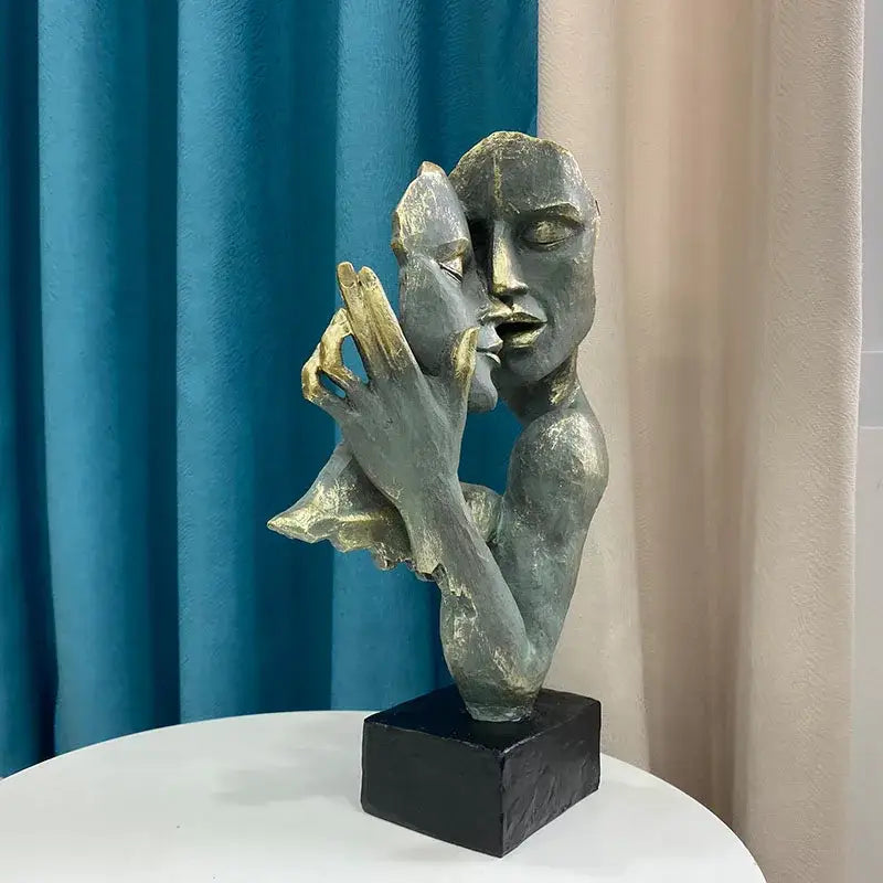 Decorbites abstract art couple mask sculpture in textured gray resin with gold accents for interior decor and gifts