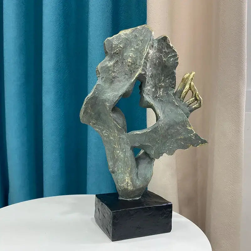 DecorBites abstract art couple mask statue figurines with textured metallic gray and gold accents on black base for decor