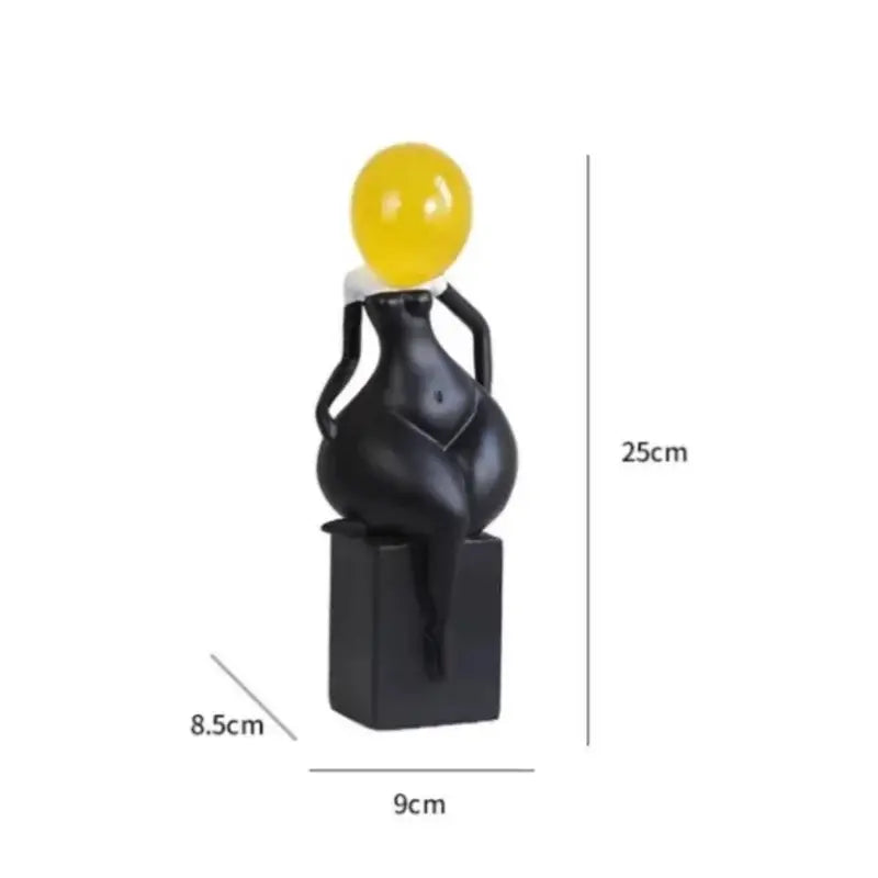 Black resin decorbites abstract art female body figurine with yellow balloon head for modern home decor