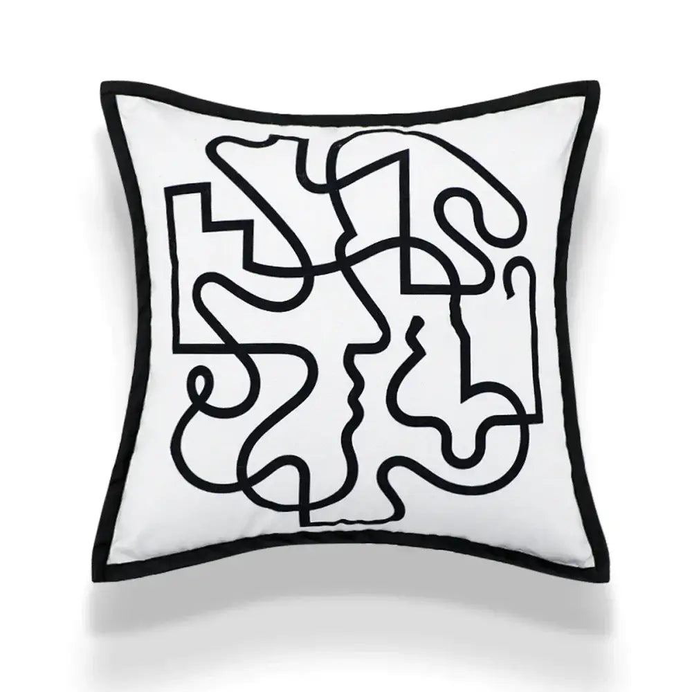 White square cushion cover with bold black embroidered abstract art line and matching black border by decorbites abstract art