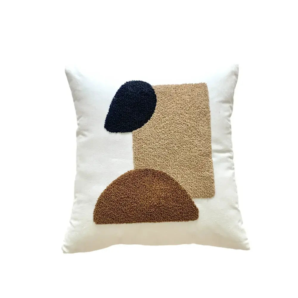 White throw pillow with navy tan and brown textured embroidery in decorbites abstract art cushion cover design