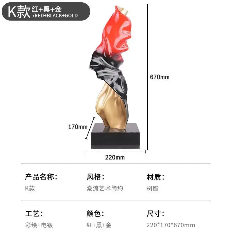 A sleek decorbites abstract art ribbon sculpture in red black and gold with a glossy finish for large living room floors