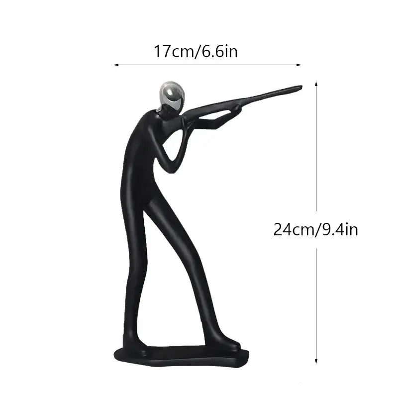 Black resin decorbites abstract athlete statue sculpture of a shooter with silver helmet and rifle standing 24cm tall