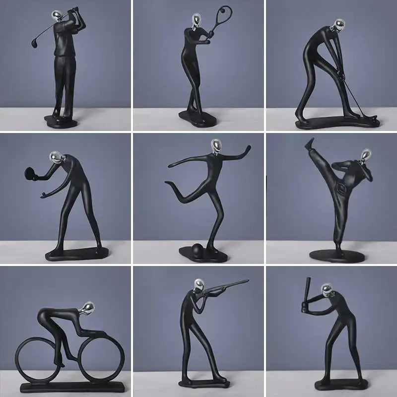 Black glossy decorbites abstract athlete statue sculpture with silver reflective head depicting athletic poses for decor