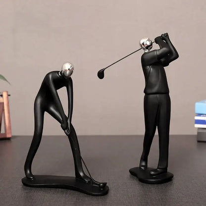 Decorbites abstract athlete statue sculpture with black resin bodies and silver metallic heads in golf poses for home decor