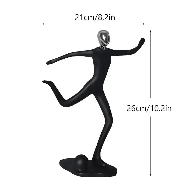 Black abstract athlete statue sculpture with metallic silver head in dynamic dance pose for home office decor by decorbites