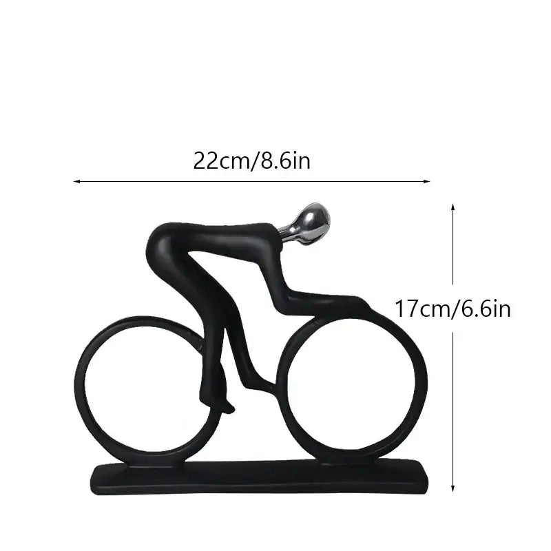 Decorbites abstract athlete statue featuring a black matte cyclist figurine with a silver head on matching base