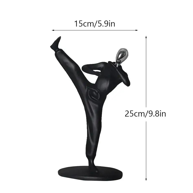 Black resin decorbites abstract athlete statue sculpture with silver headpiece mid-kick for home office decor