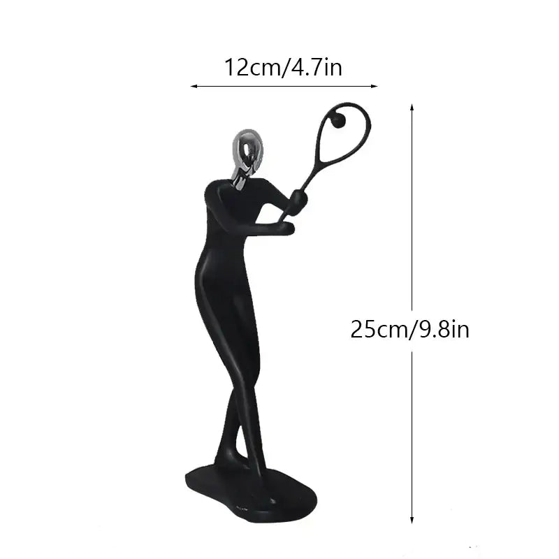 Black glossy decorbites abstract athlete statue sculpture with silver reflective head and racket for home office decor