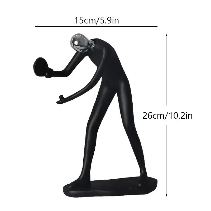 Black resin decorbites abstract athlete statue of a stylized table tennis player with metallic silver head and paddle