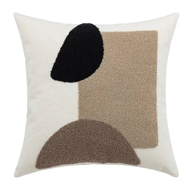 A decorbites abstract beige coffee brown cushion cover with modern textured shapes on an off-white background for sofa bed