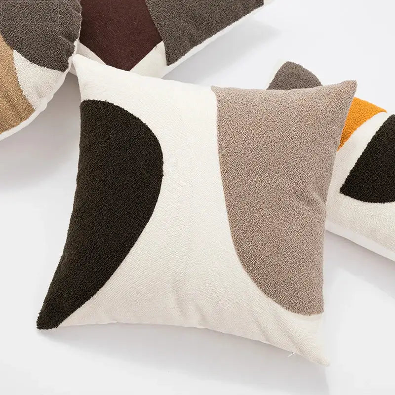 Cream-colored cushion cover with decorbites abstract beige coffee brown textured geometric patches, handmade for sofa bed