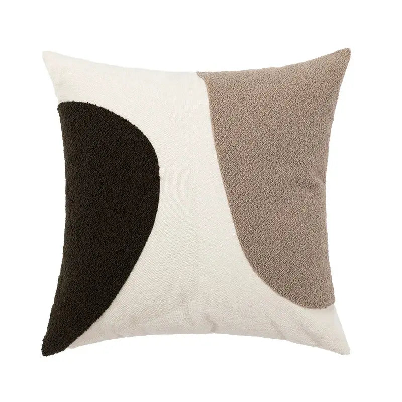 Decorbites abstract beige cushion cover with plush textured design in coffee brown and black on off-white background