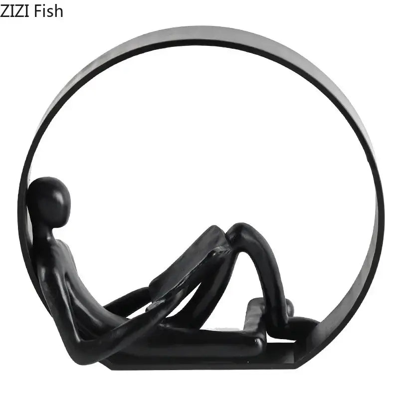 Black glossy resin abstract black characters sculpture of a minimalist human figure reclining in circular frame for decor