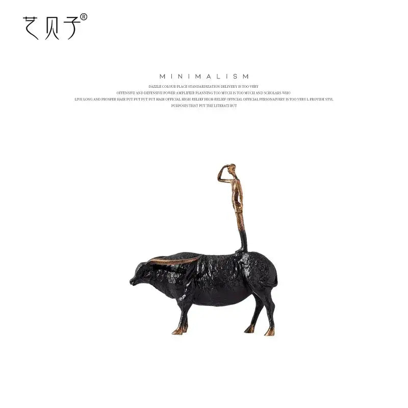 Decorbites abstract black yak golden cow sculpture featuring a bronze figurine on a dark textured metal bull figurine