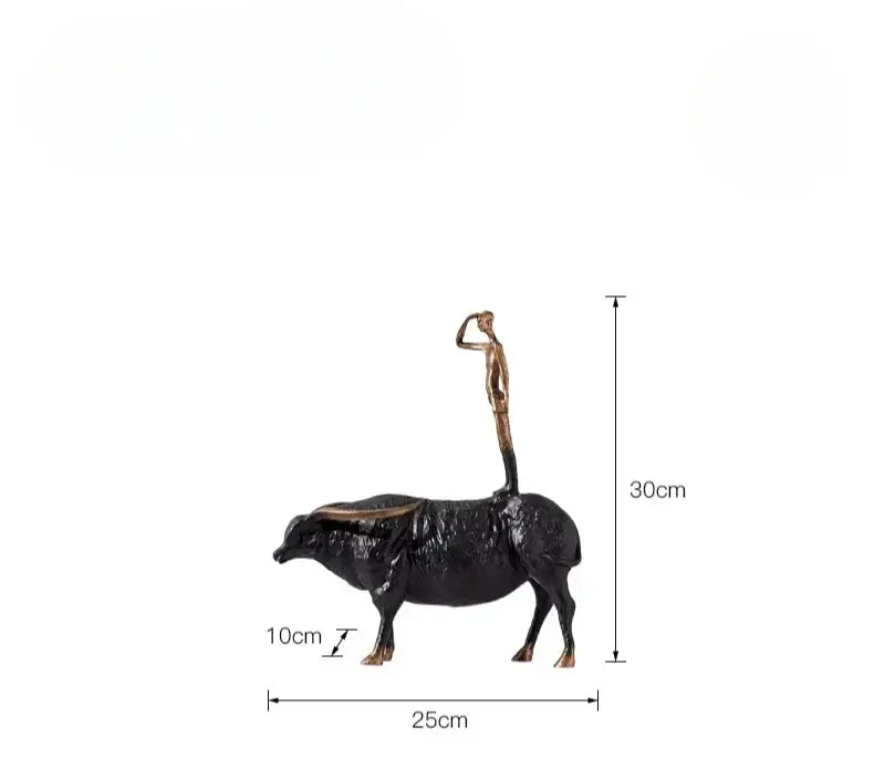 Bronze decorbites abstract black metal figurine of man saluting riding black yak golden buffalo sculpture decor item