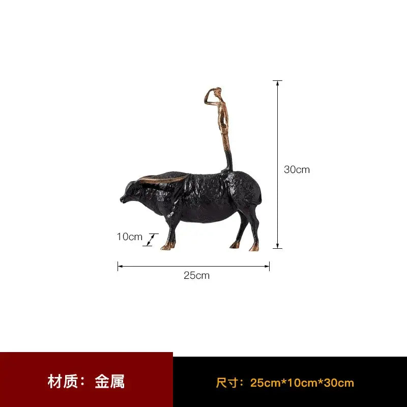 Decorbites abstract black yak golden metal sculpture featuring a bronze figure standing atop a black bull figurine