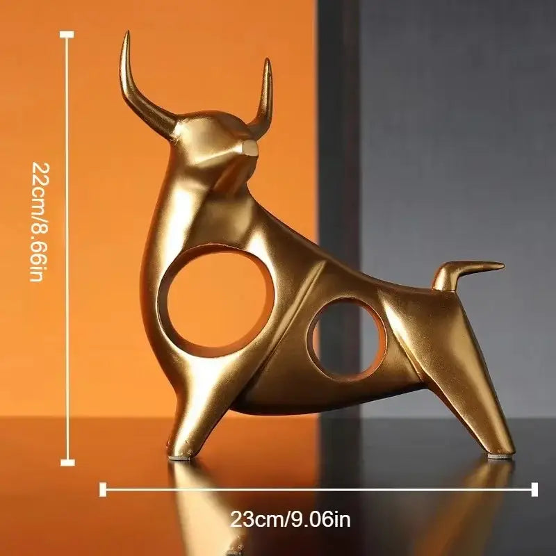 DecorBites™ abstract bull sculpture cattle statue in golden metallic with sleek modern design and circular cutouts for home decor
