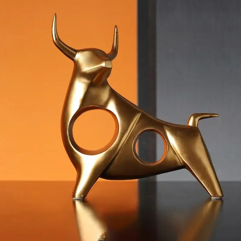 Golden metallic abstract bull sculpture with sleek minimalist design and circular cutouts for home decor living room ornament