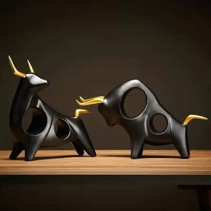 DecorBites™ black and gold abstract bull sculpture cattle statue with sleek modern design for living room decor