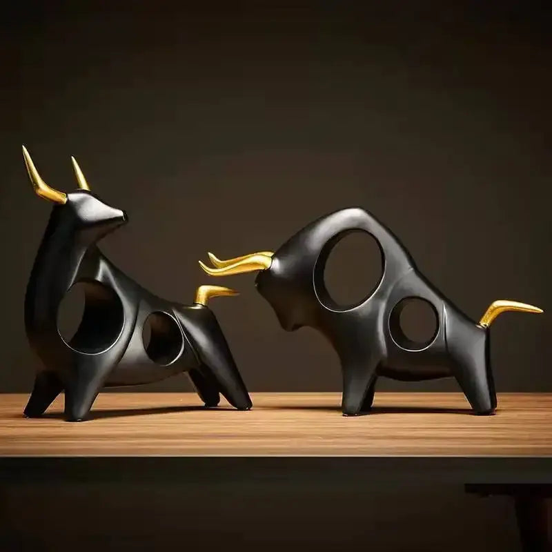 DecorBites™ black and gold abstract bull sculpture cattle statue with sleek modern design for living room decor