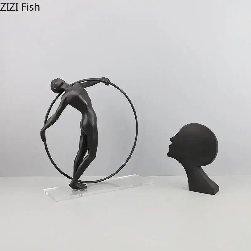 Black matte decorbites abstract cast iron acrobatics sculpture of dancer balancing on hoop on acrylic stand