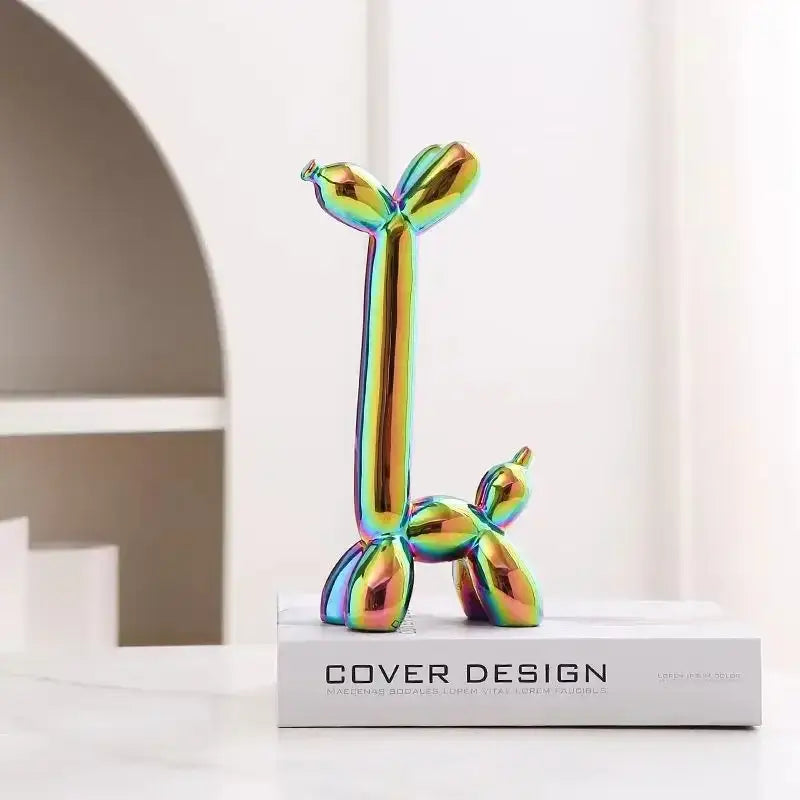 Iridescent decorbites abstract ceramic balloon dog sculpture with glossy rainbow finish for home office décor