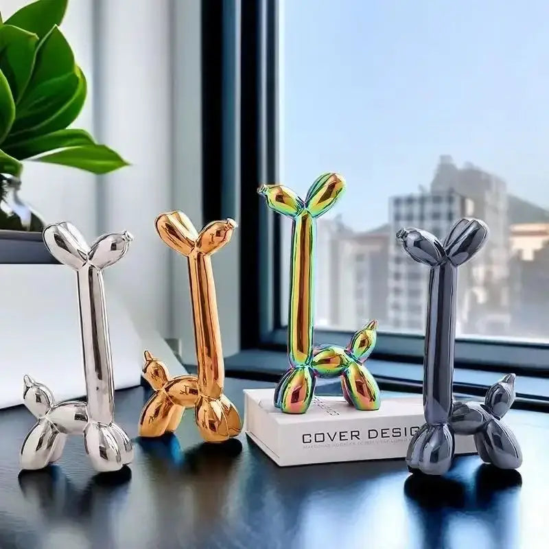 Decorbites abstract ceramic balloon dog sculptures in silver gold iridescent green and black for home office décor