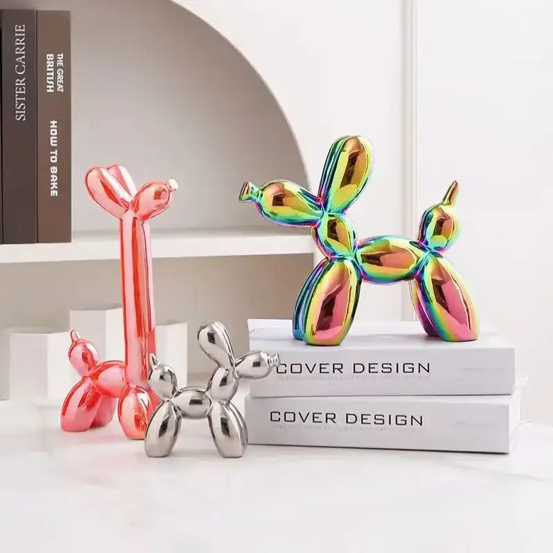 Iridescent rainbow-colored decorbites abstract ceramic balloon dog sculpture with glossy reflective surface for home office décor