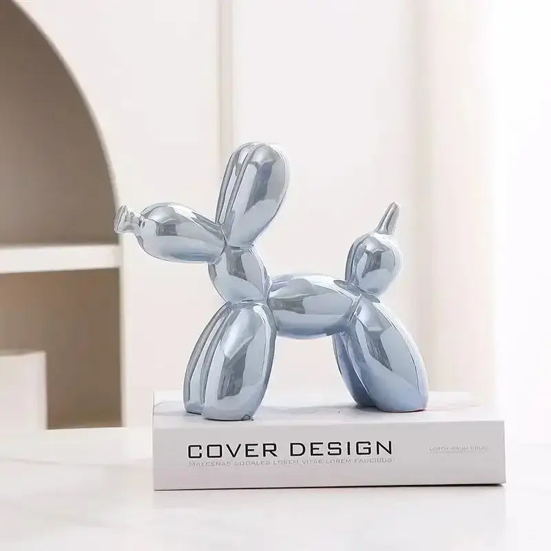 Shiny silver balloon dog decorbites abstract ceramic sculpture with reflective surface for home office decor