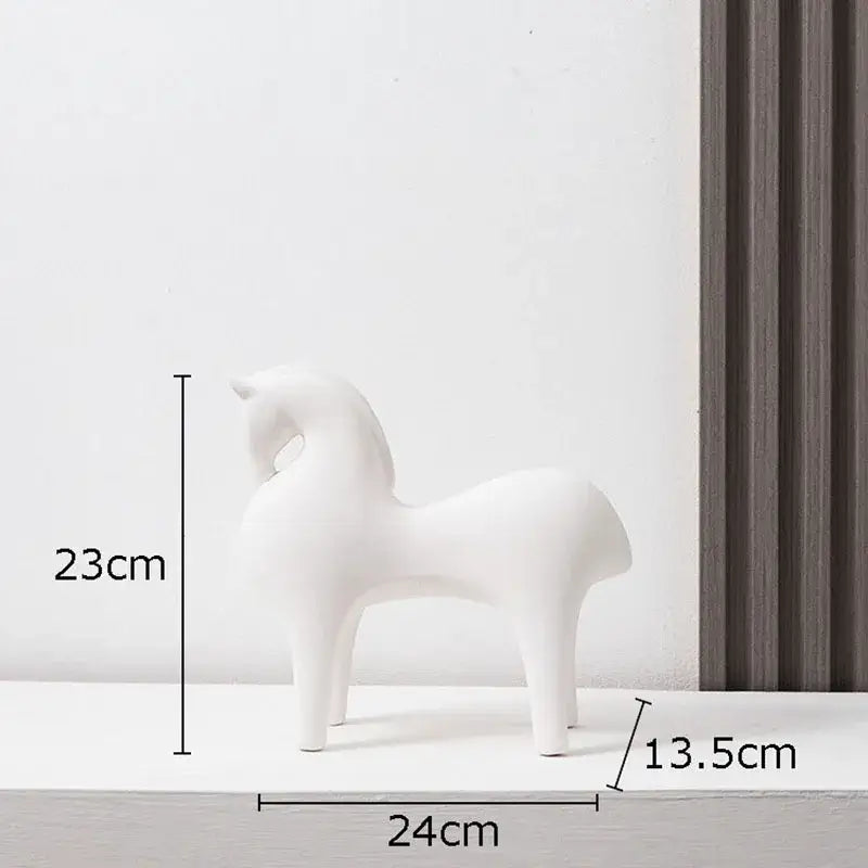Minimalist white abstract ceramic horse decorative figurine by DecorBites measuring 23cm tall and 24cm wide