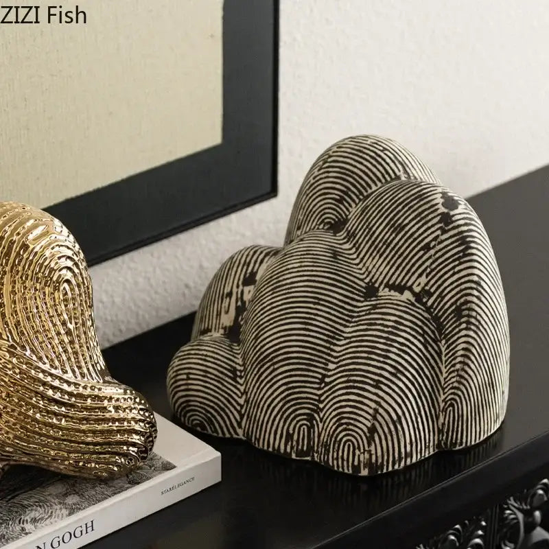 Black and white striped decorbites abstract ceramic sculpture ornament with textured wave-like design for desk decoration