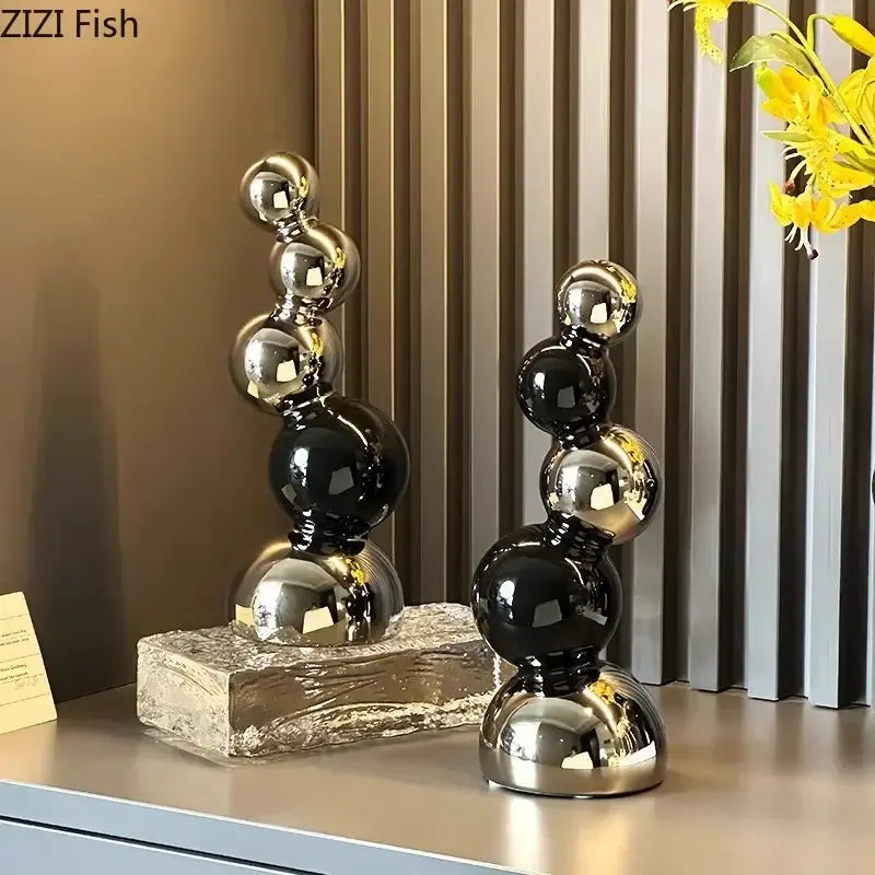Decorbites abstract ceramic shiny black and silver spherical ceramic sculpture ornaments on textured bases for modern decor