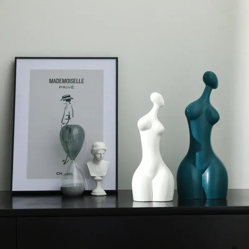 Two abstract ceramic sexy woman figurines in white and teal with smooth glossy surfaces by DecorBites abstract ceramic