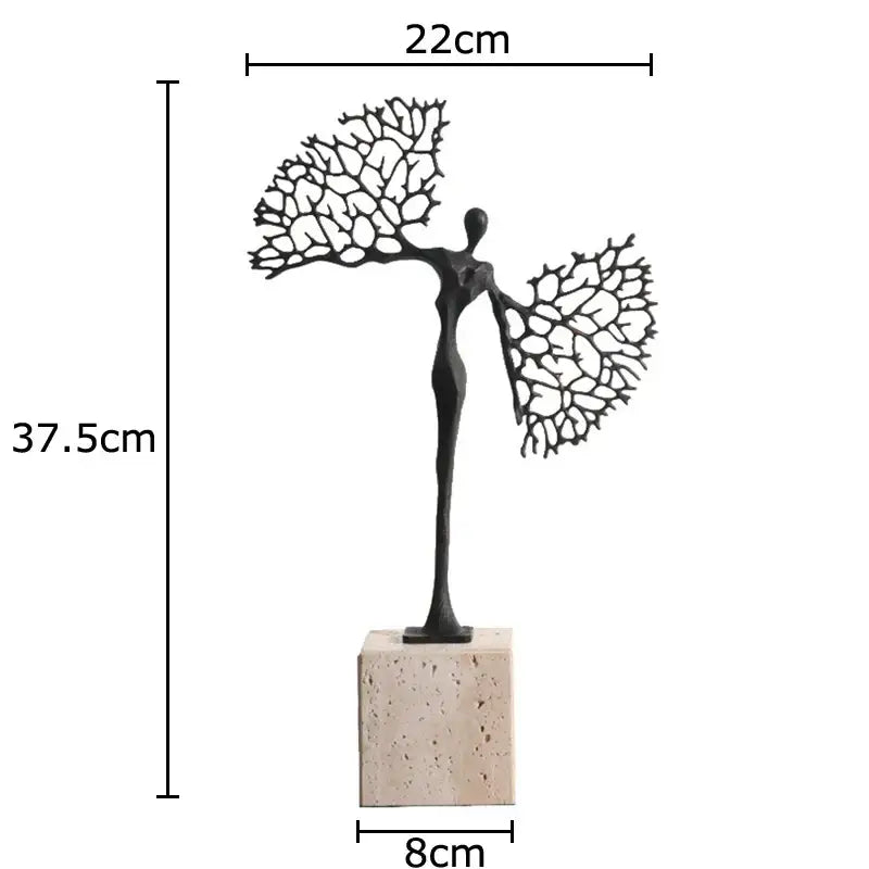 Black metal abstract character marble sculpture with branching arms on beige stone base for marble sculpture room decor