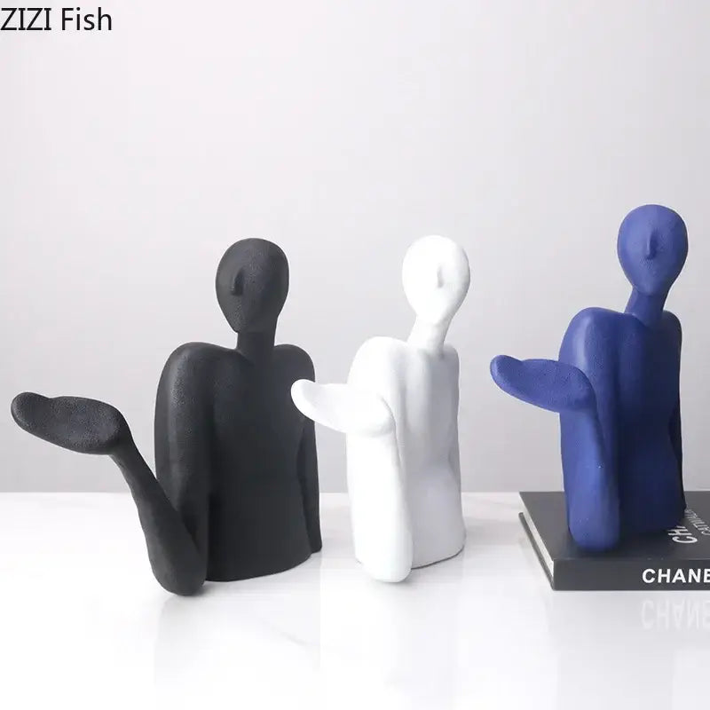 DecorBites abstract character resin sculpture desk decoration with three black white and blue minimalist figurines
