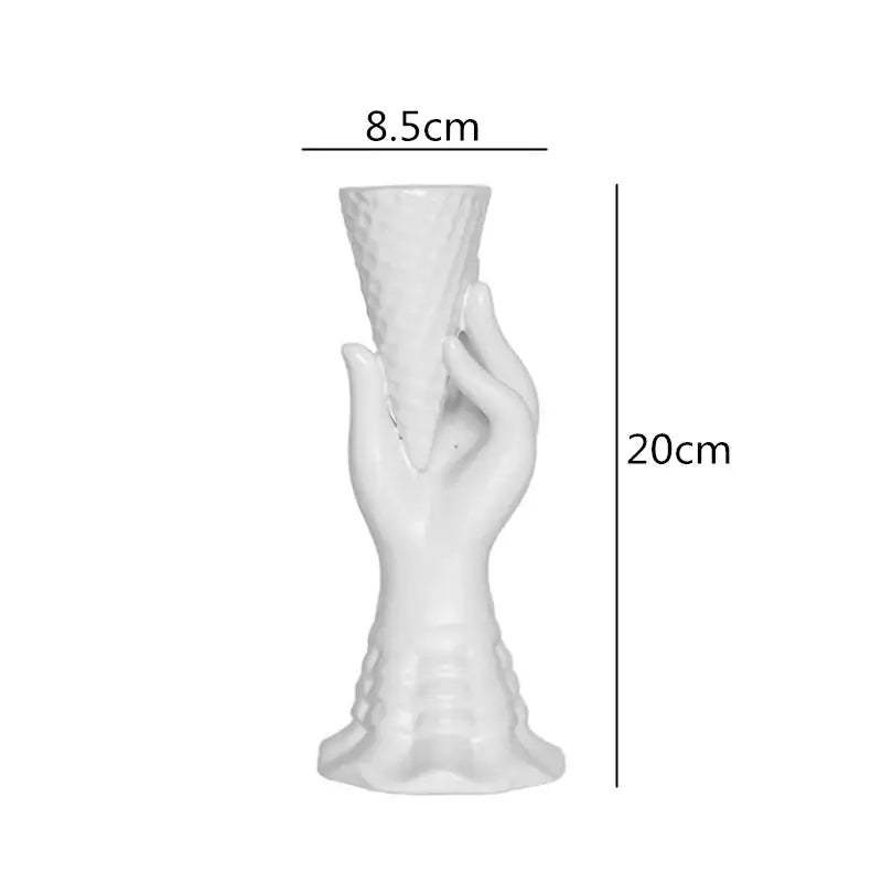 White ceramic vase shaped like a hand holding an ice cream cone decorbites abstract character white ceramics home decor