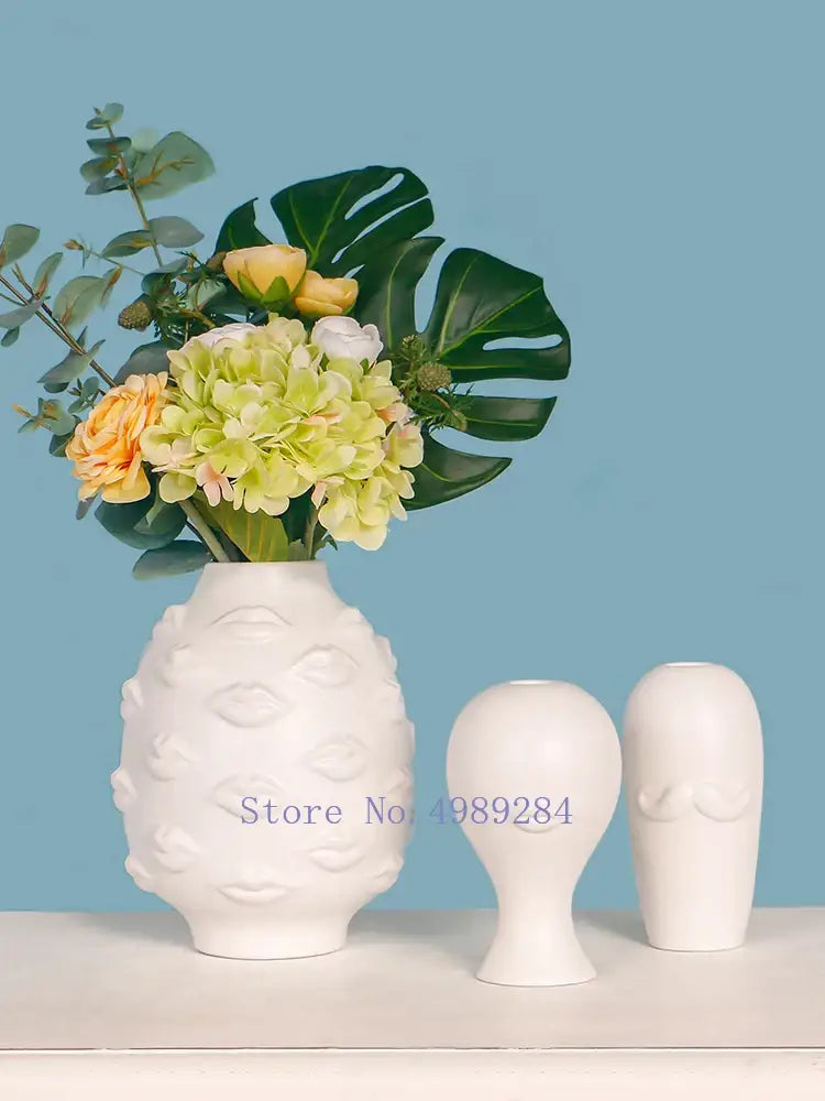 DecorBites abstract character white ceramics vase with embossed lip designs for modern flower arrangement