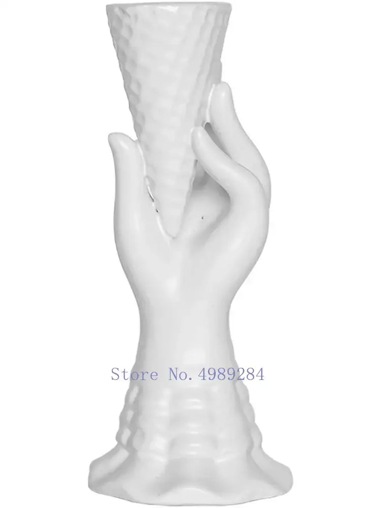 Decorbites abstract character white ceramics vase shaped like a hand holding an ice cream cone with diamond texture